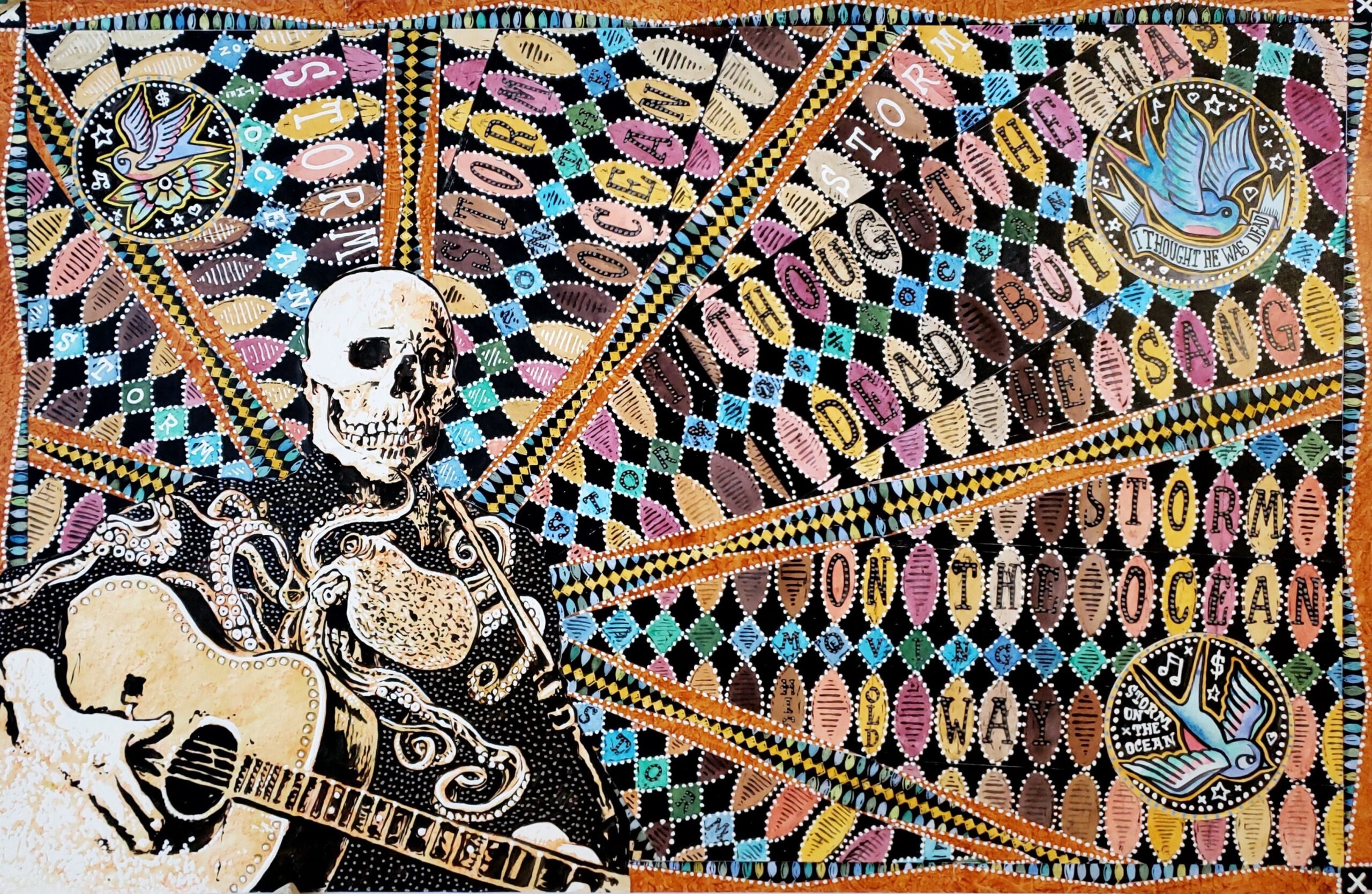 Jon Langford and Jim Sherraden, I Thought He was Dead, 2023. Mixed media and watercolor on paper. Courtesy of LeMieux Galleries,